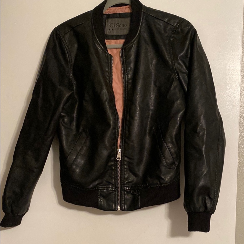 Ci Sono Black and Pink Leather Bomber Jacket